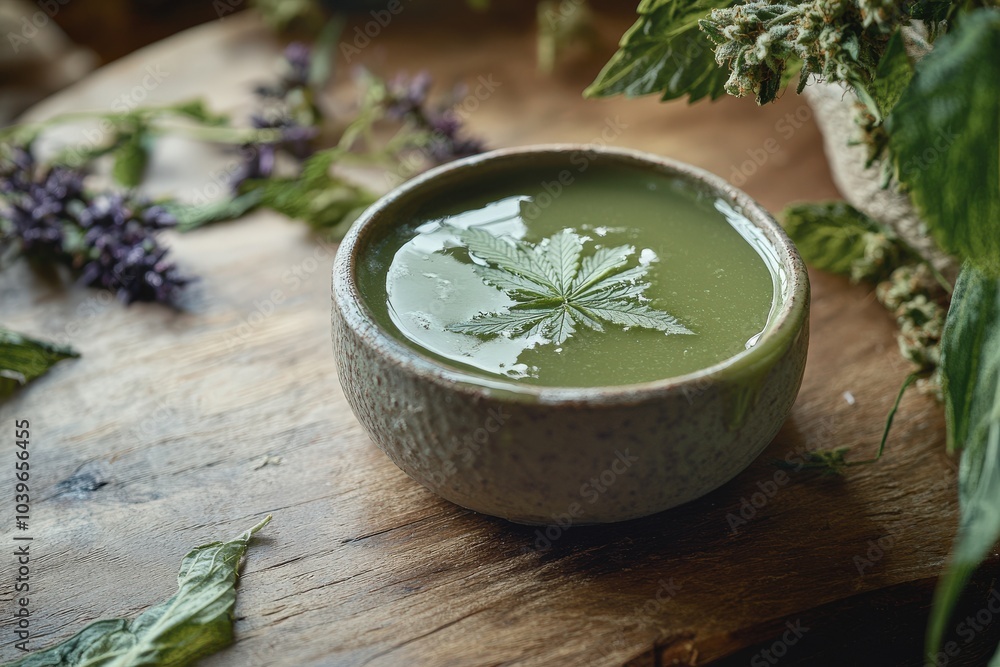 Green Salve: Natural Health Cream Cooking with Pot on Wooden Table Green Salve: Natural Health Cream Cooking with Pot on Wooden Table