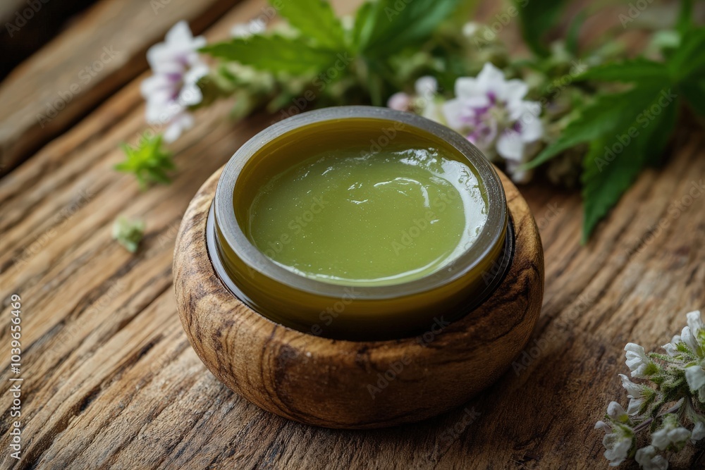 Green Salve. Homemade Cannabis Cream Cooking on Natural Wooden Table Green Salve. Homemade Cannabis Cream Cooking on Natural Wooden Table