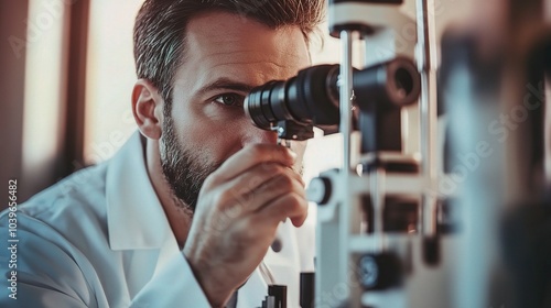 Focused Researcher Using Microscope in Laboratory