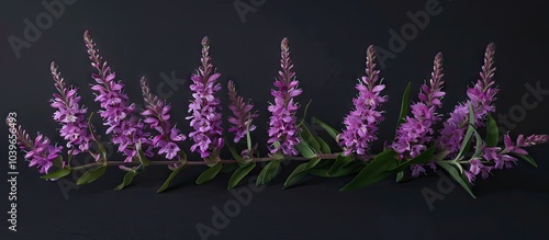 Horizontal purple loosestrife flowers categorized as Lythrum salicaria in the Lythraceae family are showcased in a copy space image photo