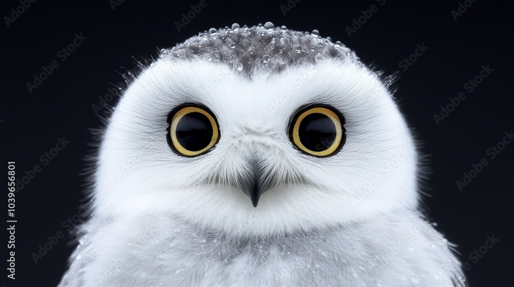Fototapeta premium A white owl's face, tightly framed in close-up, contrasts against a backdrop of pure black Snowflakes dot its head