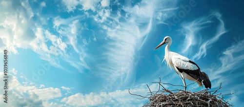 A stork perched in its nest builds against a beautiful blue sky providing ample copy space in a high quality image photo