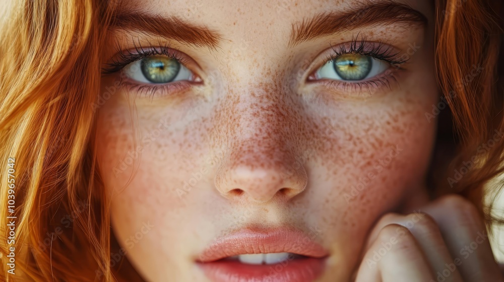 Fototapeta premium A close-up of a woman's face with freckled skin, topped by hair and eyes bearing identical freckles