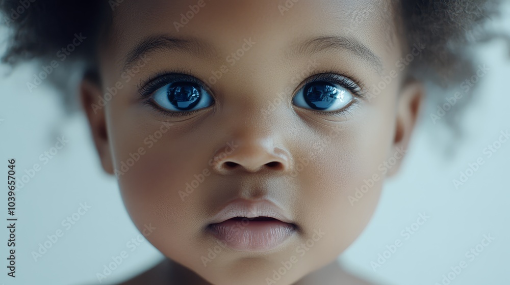 A tight shot of an infant's face, characterized by blue eyes and curls, fixated on the camera A tight shot of an infant's face, characterized by blue eyes and curls, fixated on the camera