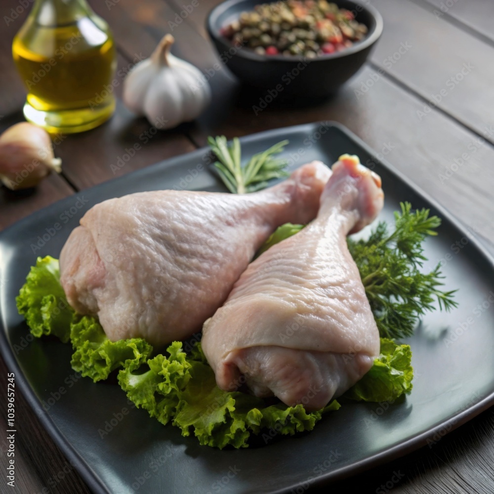 Two raw chicken drumsticks on a plate with rosemary and lettuce, with olive oil and spices in the background. Perfect for cooking, food, and health themes Two raw chicken drumsticks on a plate with rosemary and lettuce, with olive oil and spices in the background. Perfect for cooking, food, and health themes