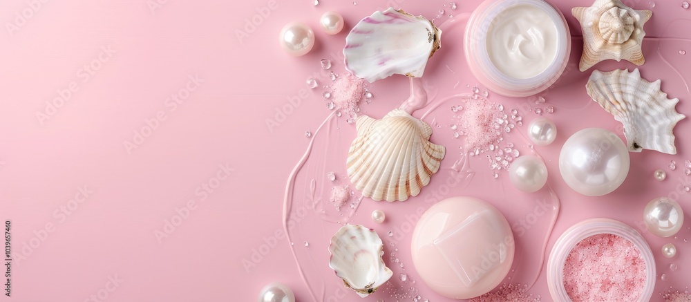 Spa beauty products on a pink background with oyster pearls and seashell soaps ideal for anti aging skincare regimen complemented by decorative elements copy space image Spa beauty products on a pink background with oyster pearls and seashell soaps ideal for anti aging skincare regimen complemented by decorative elements copy space image