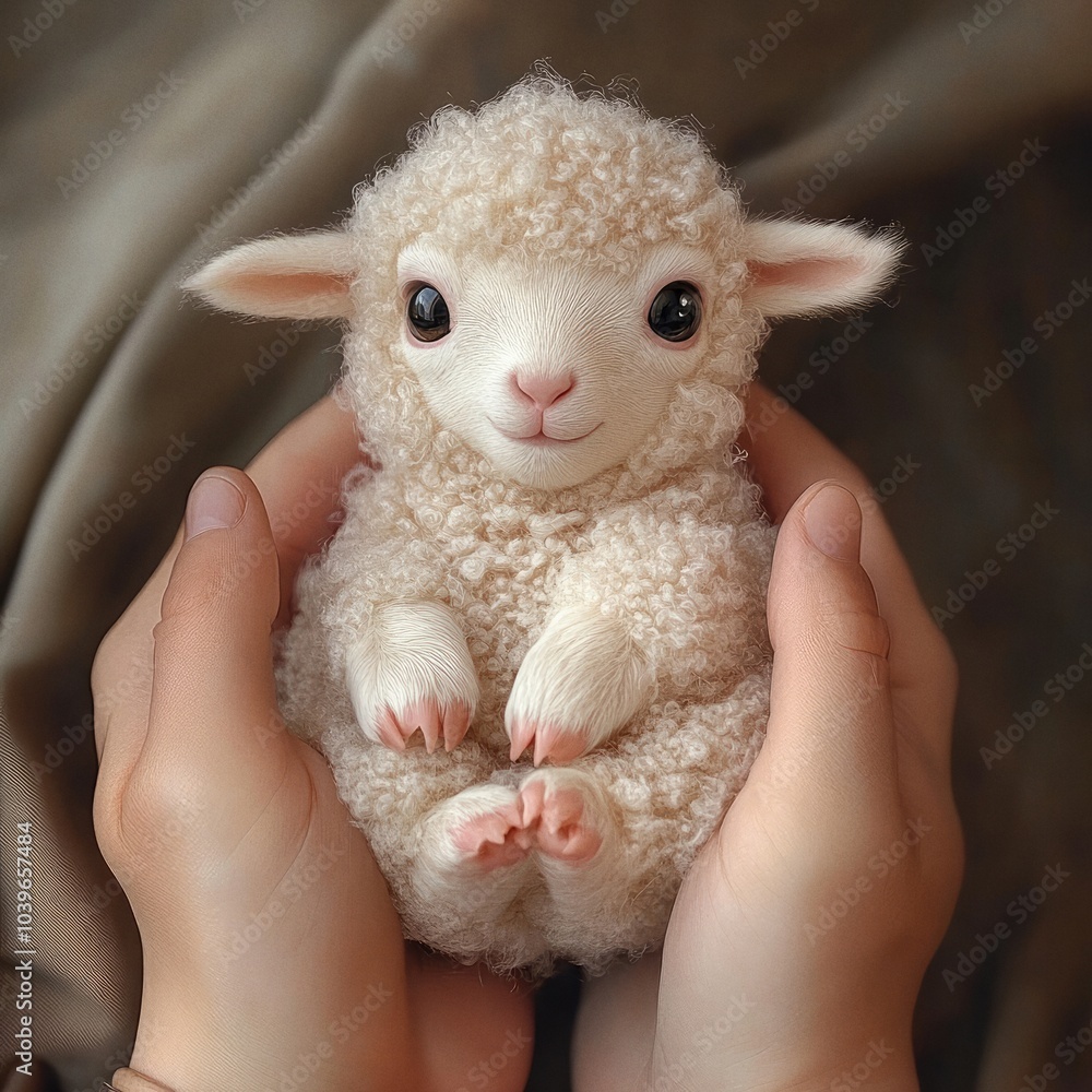 Hands holding an adorable fluffy white baby sheep Hands holding an adorable fluffy white baby sheep