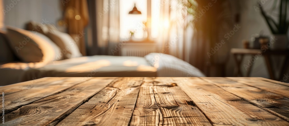 Wooden table providing copy space image surrounded by blurred bedroom background ideal for showcasing products with an elegant setting Wooden table providing copy space image surrounded by blurred bedroom background ideal for showcasing products with an elegant setting