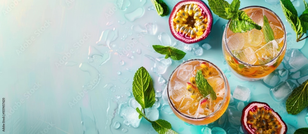Top view of a summer drink with cocktail spritz champagne and passion fruit on a white and blue background with copy space image for a refreshing touch Top view of a summer drink with cocktail spritz champagne and passion fruit on a white and blue background with copy space image for a refreshing touch