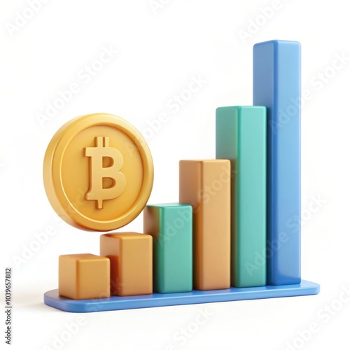 3D golden bitcoin next to a growing bar chart. Perfect for cryptocurrency, finance, and investment themes