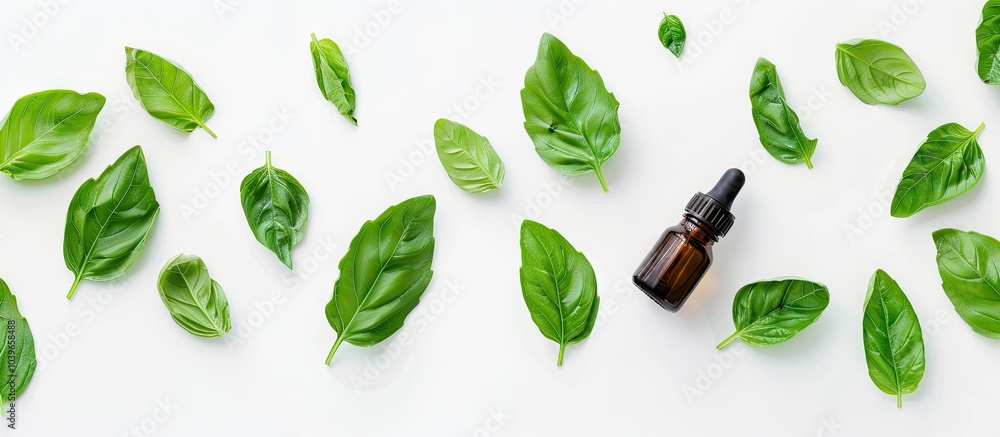 Basil essential oil and fresh leaves displayed with copy space image for text on a white background in support of aromatherapy and alternative medicine Basil essential oil and fresh leaves displayed with copy space image for text on a white background in support of aromatherapy and alternative medicine