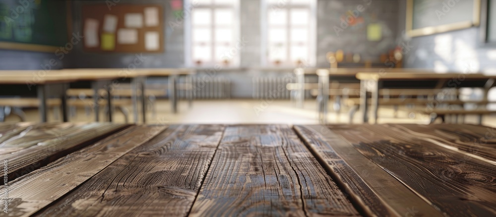 A blank wooden table offers ample copy space with a school classroom in the background providing an ideal setting for showcasing products in an advertisement A blank wooden table offers ample copy space with a school classroom in the background providing an ideal setting for showcasing products in an advertisement