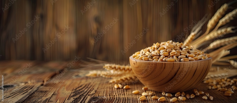 Wooden bowl with wheat grains and ears on a wooden background suitable for copy space image Wooden bowl with wheat grains and ears on a wooden background suitable for copy space image