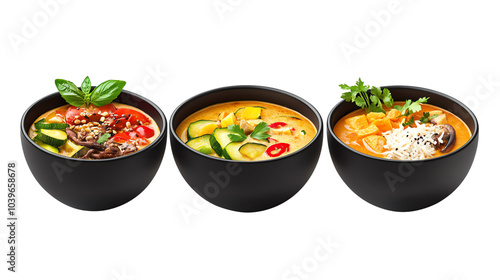 Three bowls of colorful soups with fresh ingredients on a white isolate background. transparent background