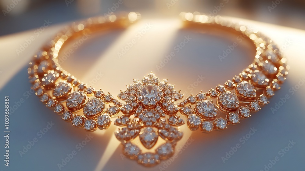 Radiant 3D gold jewelry set a detailed necklace and diamond earrings shining brightly against a white background creating a luxurious and elegant visual display Radiant 3D gold jewelry set a detailed necklace and diamond earrings shining brightly against a white background creating a luxurious and elegant visual display