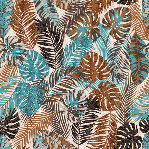 Retro textured Tropical Hawaiian psychedelic leaves Vector Pattern. Moody palm leaves Monstera leaves teal brown seamless pattern.