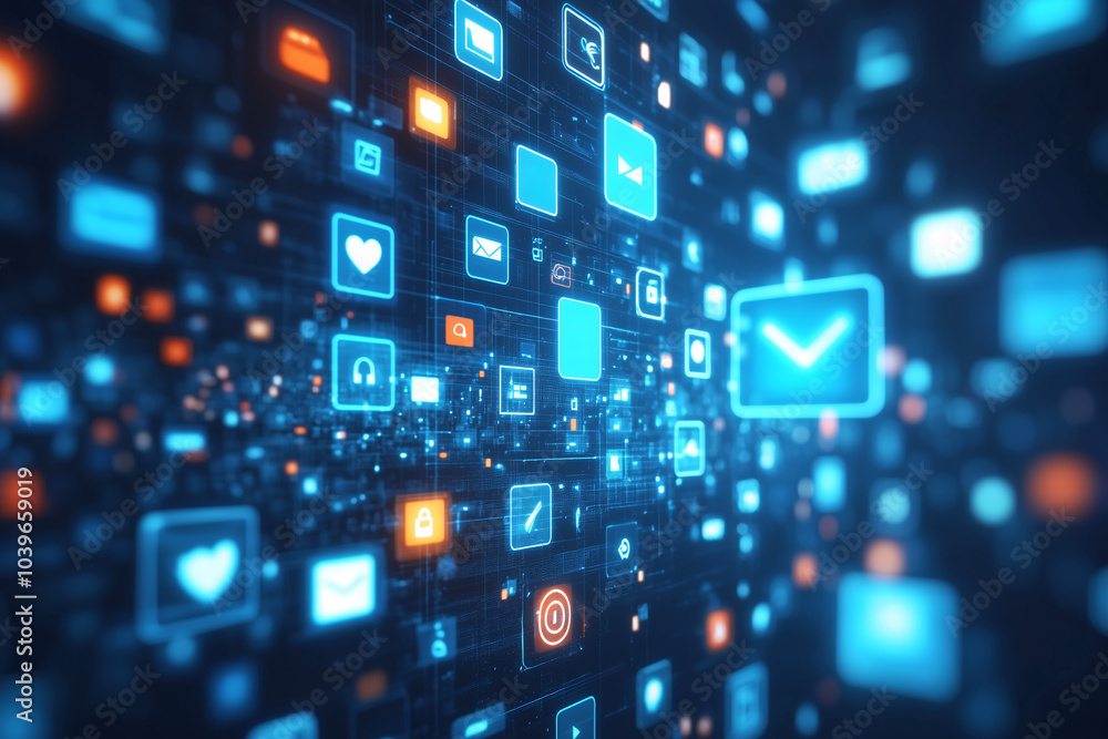 Futuristic digital interface with floating icons Futuristic digital interface with floating icons