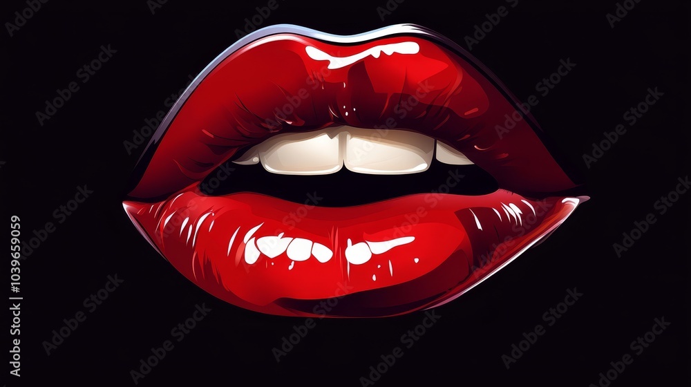 Obraz premium A tight shot of a woman's lips wearing bold, crimson lipstick against a black backdrop