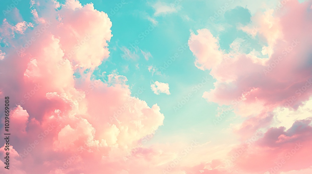 Pink and blue sky with fluffy clouds in the pastel colors. Pink and blue sky with fluffy clouds in the pastel colors.