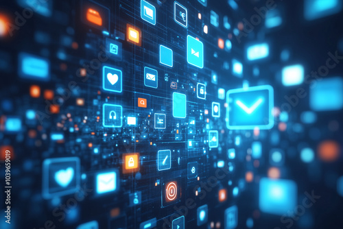 Futuristic digital interface with floating icons