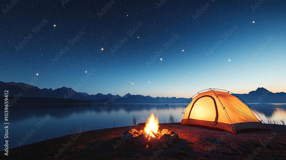 Camping tent by a calm lake under a starry night sky with a warm campfire glow. Camping tent by a calm lake under a starry night sky with a warm campfire glow.