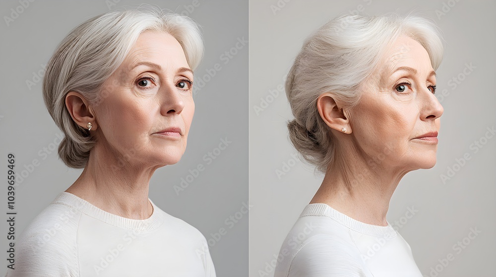 Story of a facelift success, with clear before-and-after images, demonstrating the reduction of sagging jowls and a more sculpted neck line Story of a facelift success, with clear before-and-after images, demonstrating the reduction of sagging jowls and a more sculpted neck line