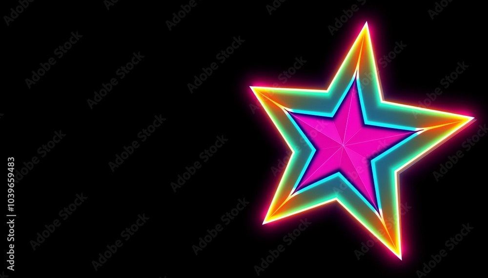 Neon star with glowing edges on a black background, star decoration background, copy space Neon star with glowing edges on a black background, star decoration background, copy space