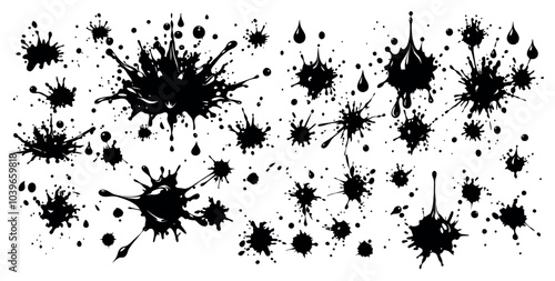 black ink splashes white background, shape pattern movement texture