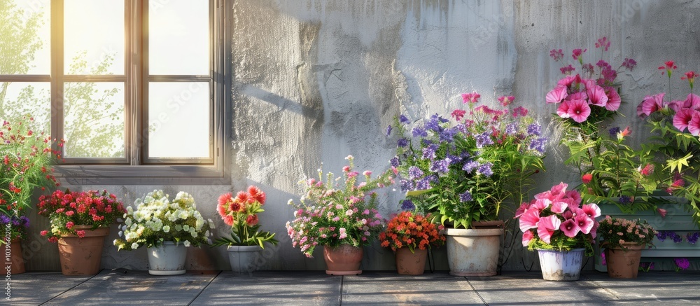 Potted flowers and plants displayed on the balcony near a window create a charming copy space image Potted flowers and plants displayed on the balcony near a window create a charming copy space image