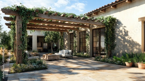 An inviting Mediterranean-style courtyard with a weathered wooden pergola