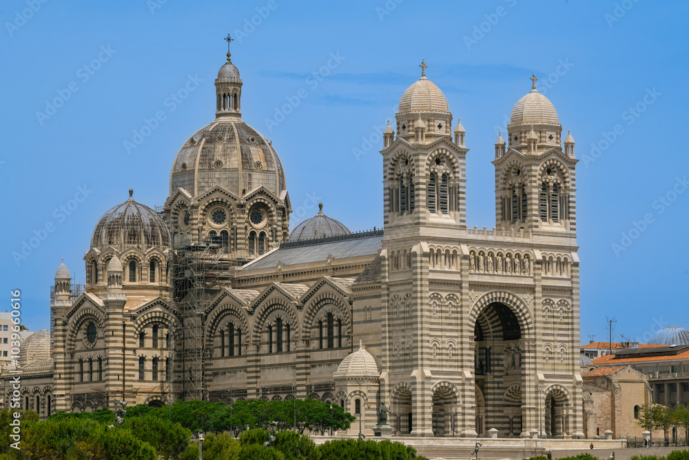 Majestically overlooking the bustling Port of Marseille, the Marseille Major Cathedral stands as a testament to the city's rich history and architectural grandeur, High quality photo Majestically overlooking the bustling Port of Marseille, the Marseille Major Cathedral stands as a testament to the city's rich history and architectural grandeur, High quality photo