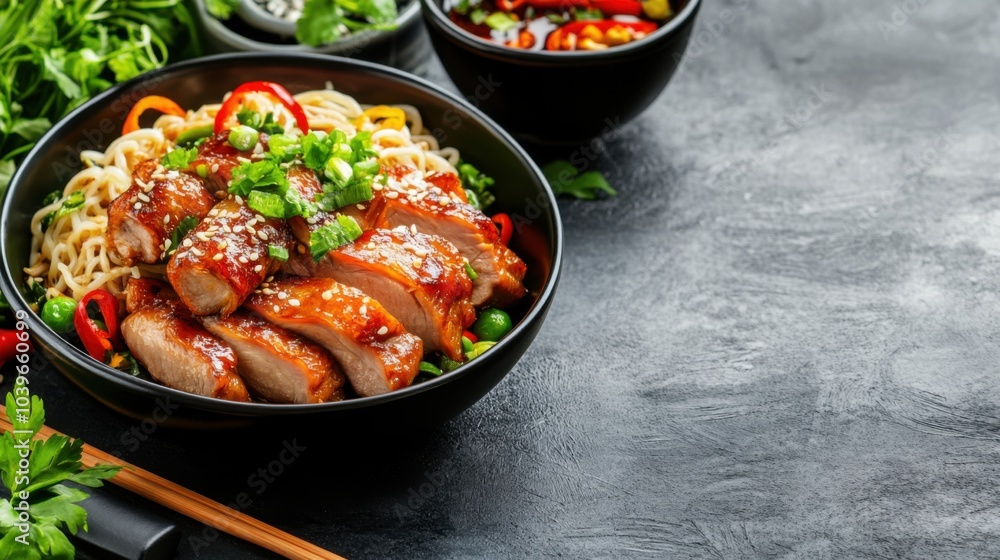 Delicious Asian Duck Dish with Noodles and Vegetables Delicious Asian Duck Dish with Noodles and Vegetables