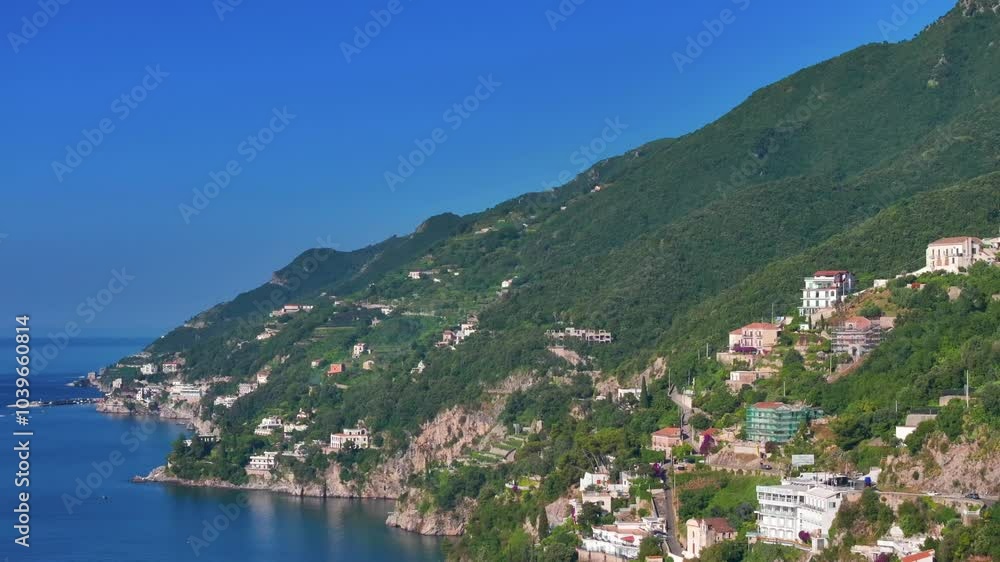 Panoramic view of Vietri sul Mare from Salerno, Italy, The Amalfitana is an Italian coastal road in the province of Salerno that leads from Meta di Sorrento to Vietri sul Mare, Beautiful view Panoramic view of Vietri sul Mare from Salerno, Italy, The Amalfitana is an Italian coastal road in the province of Salerno that leads from Meta di Sorrento to Vietri sul Mare, Beautiful view