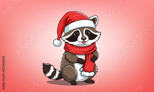 Vector festive funny cute cartoon chubby raccoon in red scarf and Santa hat. Merry Christmas and Happy New Year. Greeting holiday card. Toon cuddly animal.