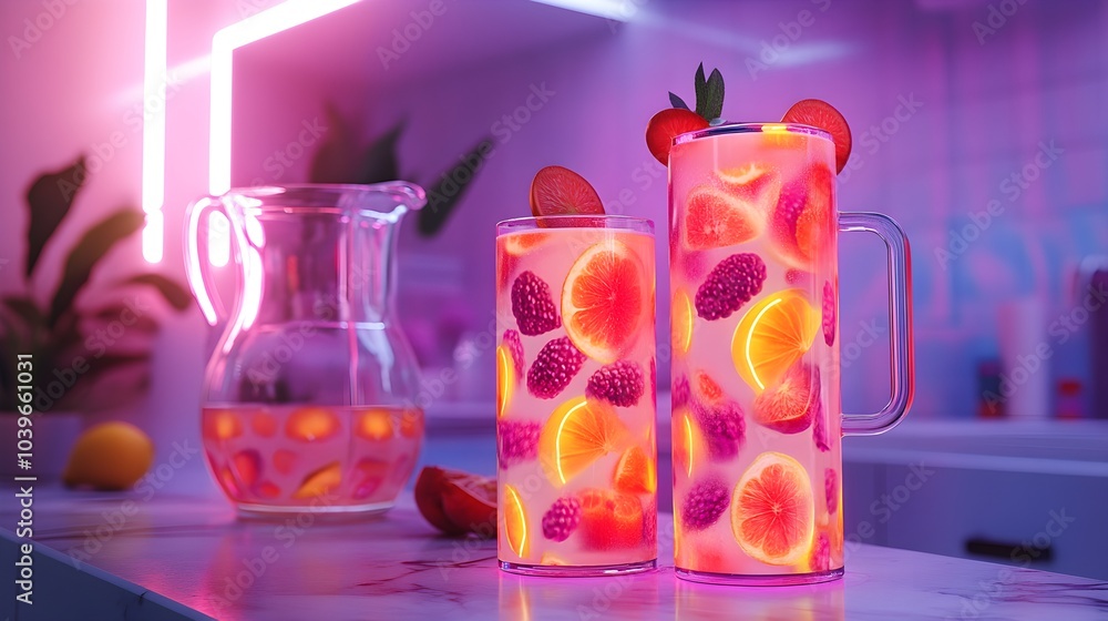 Obraz premium Futuristic juice carton design with holographic fruit patterns, placed on a modern kitchen counter, next to a glass pitcher, vibrant neon lighting, 3D illustration, Hologram effects