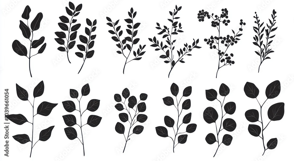 Fototapeta premium Silhouette botanical designs of various leafy branches and berries in black on a white background Generative AI