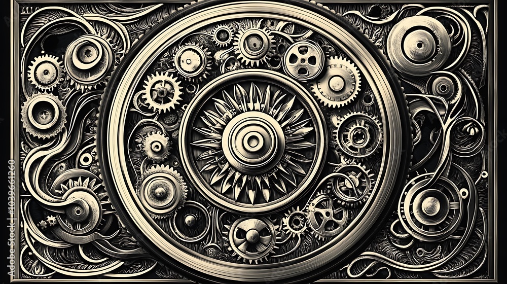 A mandala with steampunk influences, featuring gears, cogs, and metallic components, arranged in a symmetrical pattern. The design blends the industrial mechanics with traditional mandala symmetry, A mandala with steampunk influences, featuring gears, cogs, and metallic components, arranged in a symmetrical pattern. The design blends the industrial mechanics with traditional mandala symmetry,