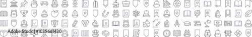 School, College, University Bundle of Related Line Icons. Editable Stroke for Design, Web Sites, Apps, Cards. Contains Linear Images of Backpack, Bookmark, Book, Clock