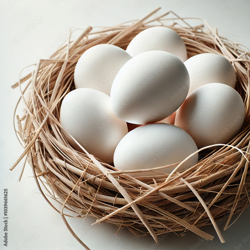 Close-Up of White Chicken Eggs in a Woven Straw Nest Close-Up of White Chicken Eggs in a Woven Straw Nest