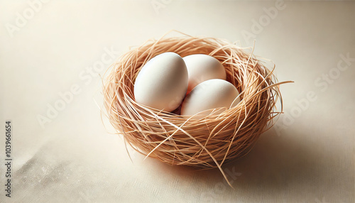 Close-Up of White Chicken Eggs in a Woven Straw Nest