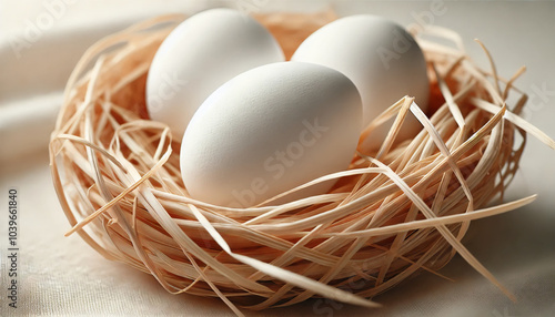 Close-Up of White Chicken Eggs in a Woven Straw Nest