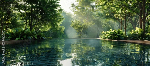 Scenic pool reflects lush greenery with abundant trees in the background creating a tranquil ambiance for this copy space image