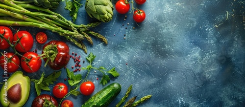 Blue rustic background with a variety of fresh vegetables like tomatoes avocados artichokes and asparagus creating a colorful copy space image