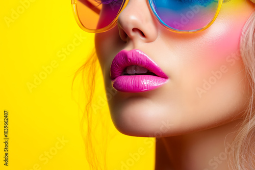 A woman wearing a pair of colorful sunglasses and pink lipstick