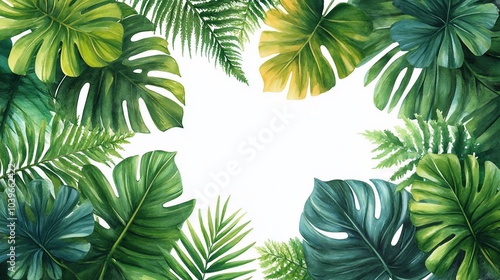 A vibrant arrangement of tropical leaves framing a blank space for design or text.