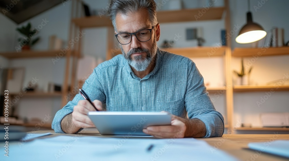 Senior Man Working on Tablet at Cozy Desk Senior Man Working on Tablet at Cozy Desk