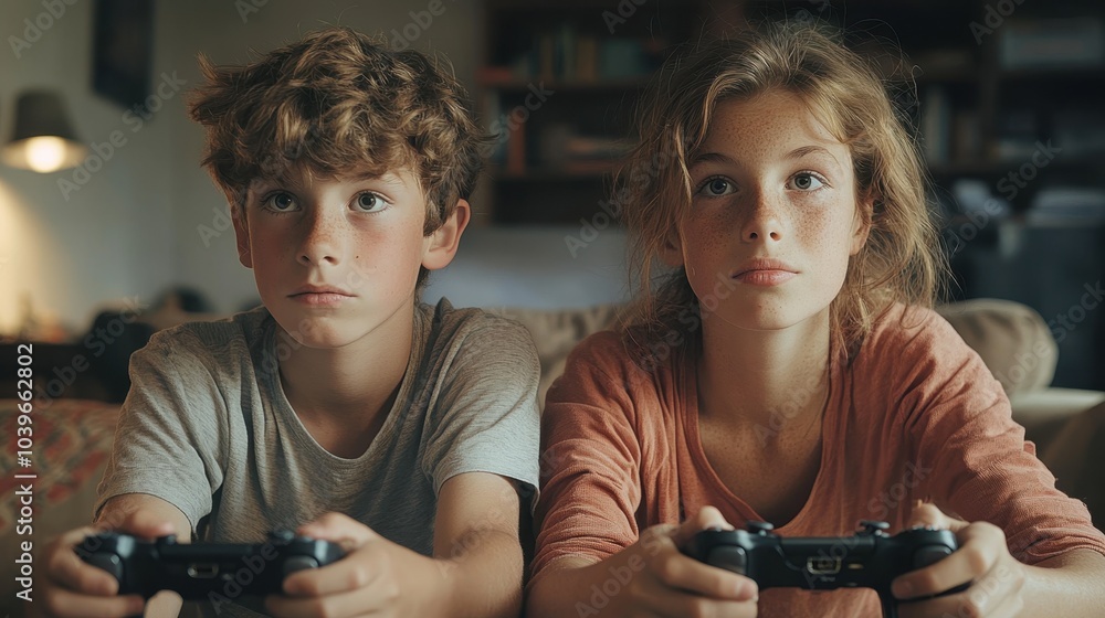 Siblings Playing Video Games Together at Home Siblings Playing Video Games Together at Home