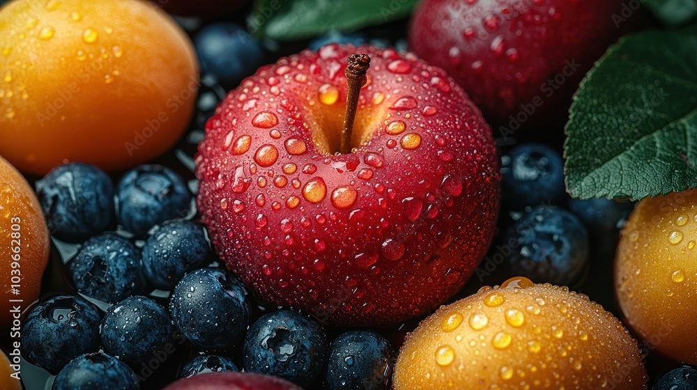 Close up of colorful plums and blueberries with water droplets Generative AI Close up of colorful plums and blueberries with water droplets Generative AI