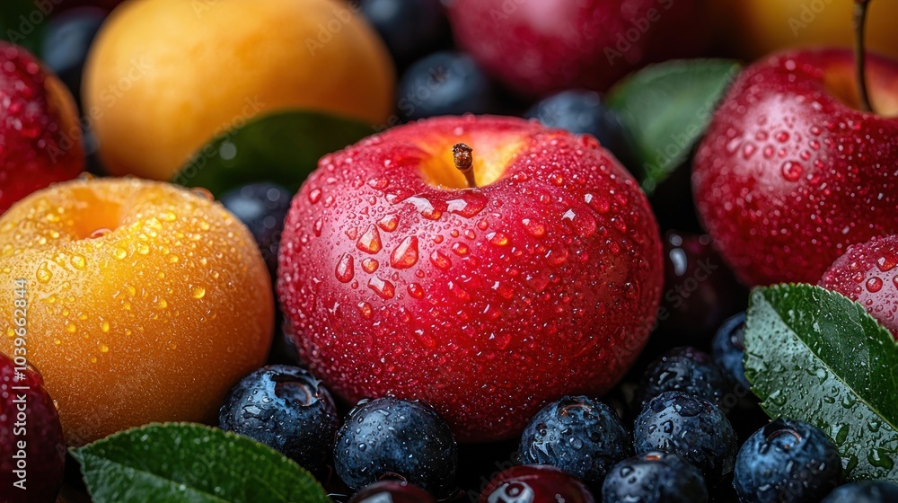 Close up of colorful plums and blueberries with water droplets Generative AI Close up of colorful plums and blueberries with water droplets Generative AI