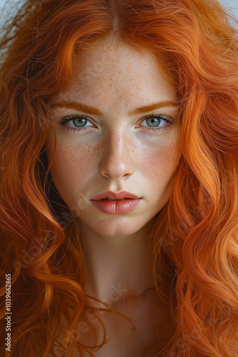 A woman with long red hair and blue eyes